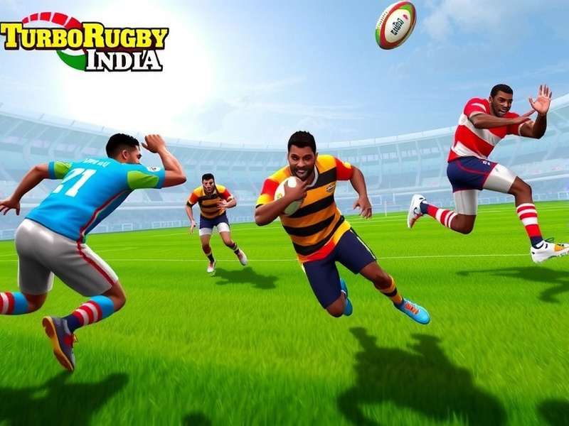 Turbo Rugby India game screenshot showing intense rugby match with Indian players